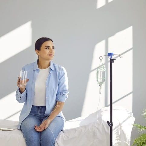 Woman sitting on hospital bed holding a glass of water.