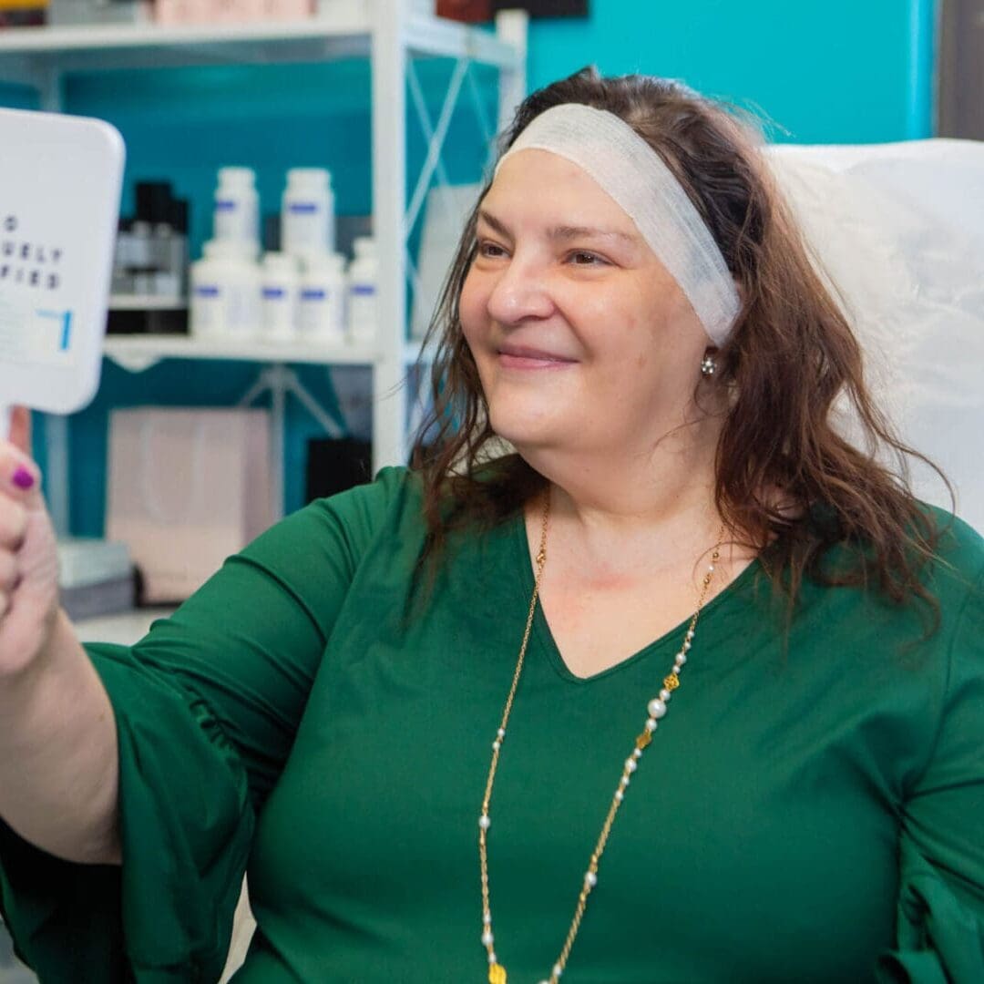 A smiling woman with a headband looks at a handheld mirror in a medical or beauty setting.