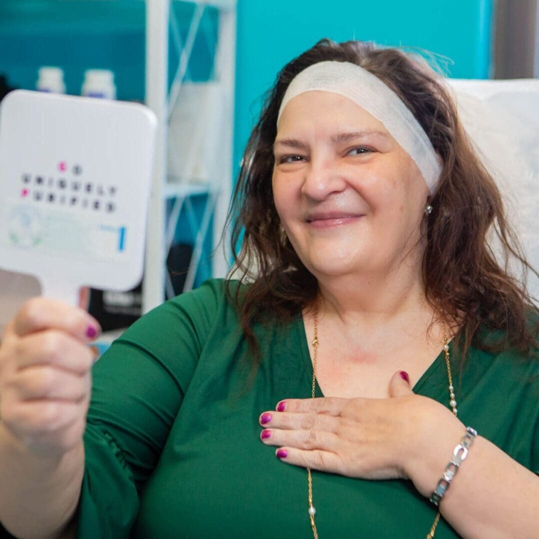 Smiling woman holding an eye chart mirror during an eye exam.