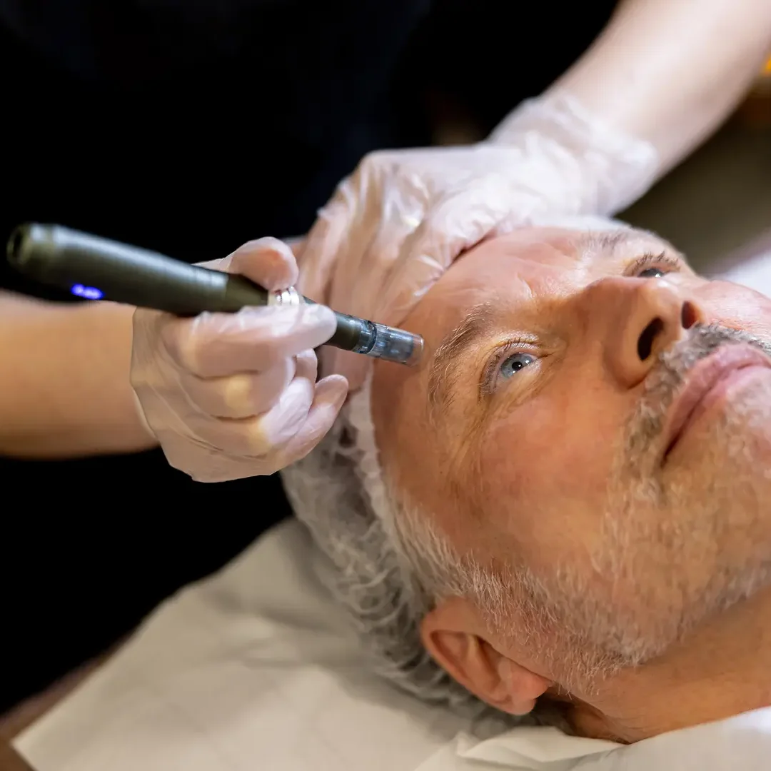 A man receives a cosmetic procedure on his forehead.